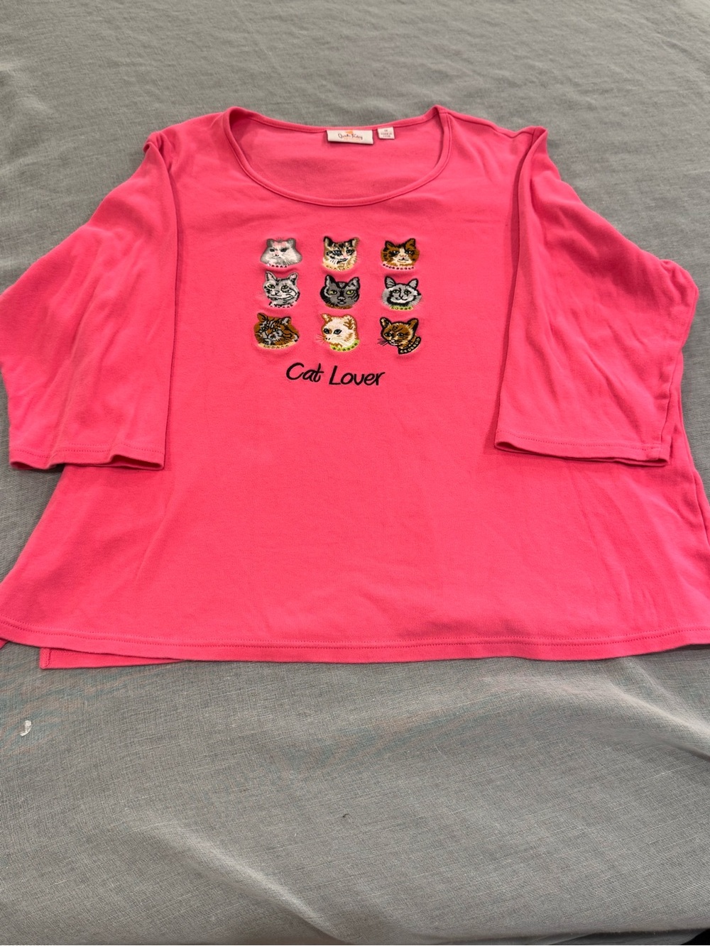 Quacker Factory Hot Pink Cat Lover 3/4 Sleeve Top Size 1X 100% Cotton
